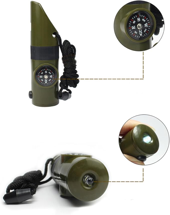 TRENDBOX Multifunctional 7 in 1 Camping Hiking Outdoor Whistle with Compass Magnifier LED Flashlight Thermometer for Emergency Survival Traveling