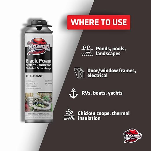 Kraken Bond Black Spray Waterfall Foam Sealant - (1x24oz) Expanding Polyurethane Pond Foam Sealer Black, UV Resistant Insulating Spray for Landscape & Exterior, Gun Use, Gun Included, 1 Pack