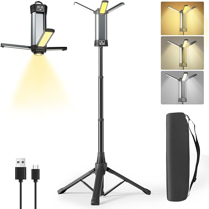 Rechargeable LED Work Light with Stand, Cordless Camping Light with Portable Telescopic Bracket, 6AH Battery, 2000Lumen Outdoor Construction Lights with Carrying Bag (Large)