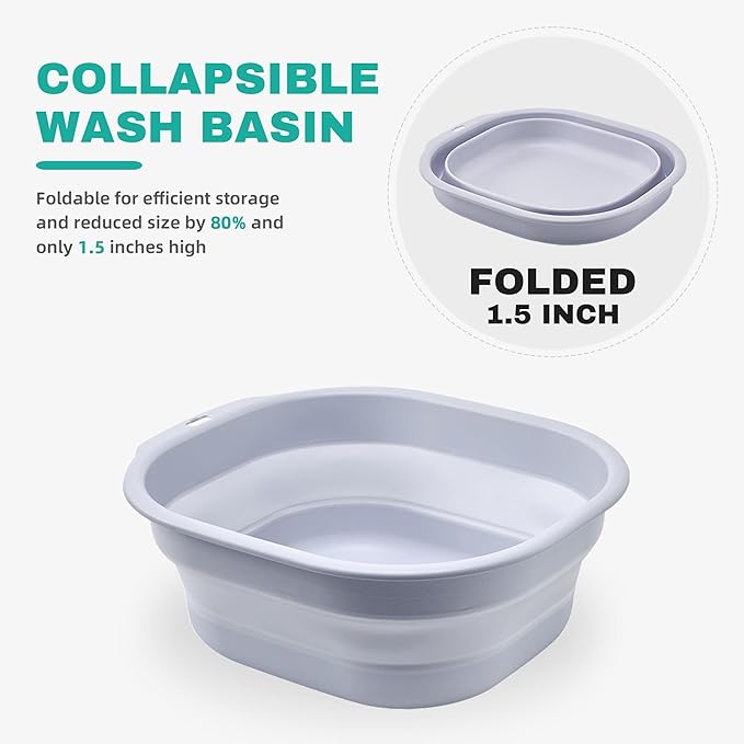 2 Pack Collapsible Wash Basin Set, Foldable Dish Tub, Small Medium Portable Sink for Kitchen, Camping, RV, Baby Bottles, Laundry, Plastic Washbasin -Gray