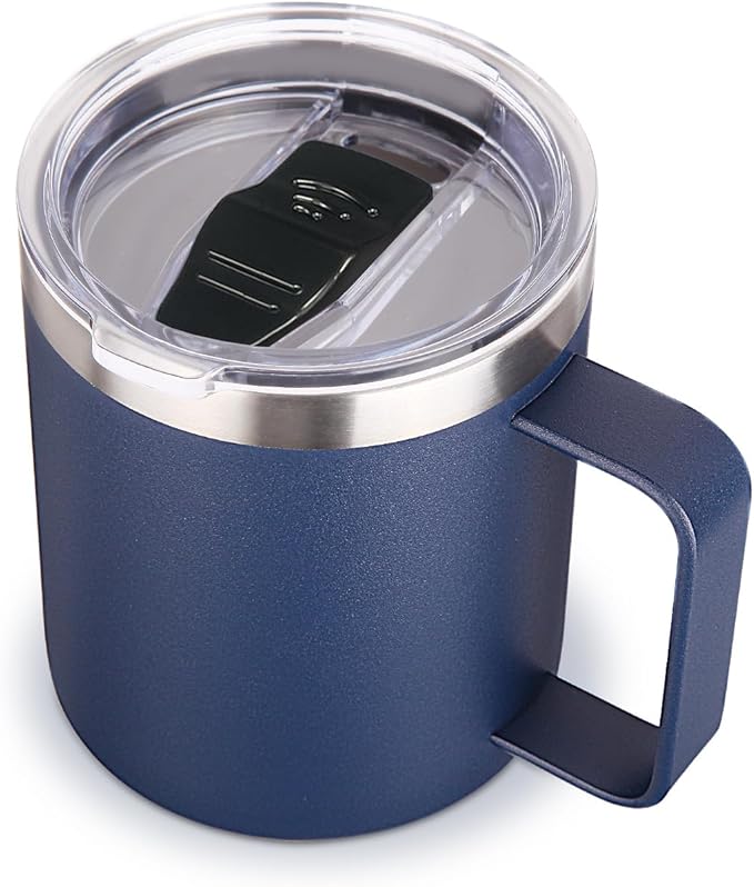 Volhoply 14oz Insulated Stainless Steel Coffee Mug with Leakproof Lid,Double Wall Vacuum Travel Coffee Cup with Handle,Reusable Metal Cups Tumbler,Camping Mugs Keep Hot&Cold,Ideal Gifts(Navy,1)