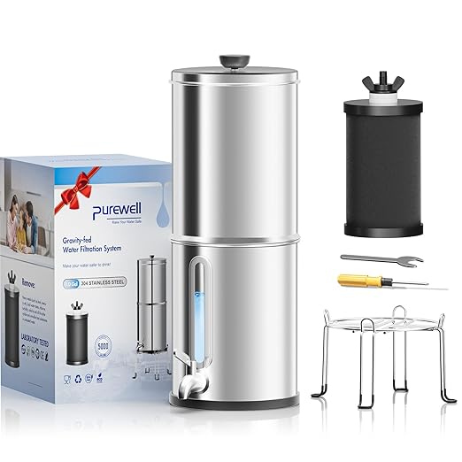 Purewell 1.0 Gallon Portable Gravity Water Filter System, 4-Stage 0.01μm Ultra-Filtration Countertop System with Water Level Window and Stand, Reduce Fluoride & Chlorine, for Camping, RVing (PW-1G-KF)