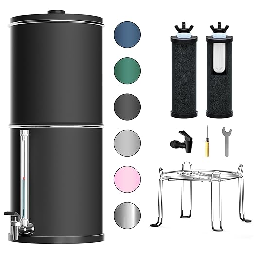 Purewell 3-Stage 0.01μm Ultra-Filtration Gravity Water Filter System, 304 Stainless Steel Countertop System with 2 Filters, Metal Water Level Spigot and Stand, Reduce 99% Chlorine, 2.25G, PW-OB-K