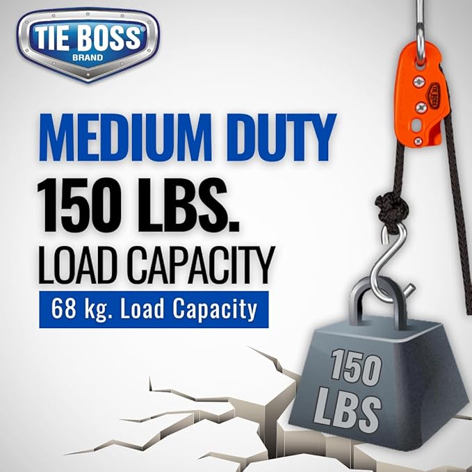Tie Boss - 1/4 Inch, Medium Duty, (150 lbs Working Load Limit), Weather Resistant, Tie Down, Rope Tightening System, (w/15 ft Rope) (Pack of 1) (Orange)