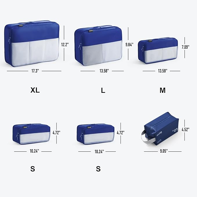6 Set Compression Packing Cubes for Travel Essentials, Luggage Organizers for Suitcases (Dark Blue)