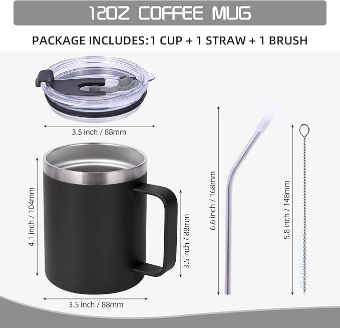 Volhoply 12oz Insulated Leakproof Coffee Mug with Flip & Straw Lid Bulk 4 Pack,Double Wall Vacuum Stainless Steel Travel Tumbler Cup with Handle,Camping Mugs Keep Cold/Hot(Black,4 Set)
