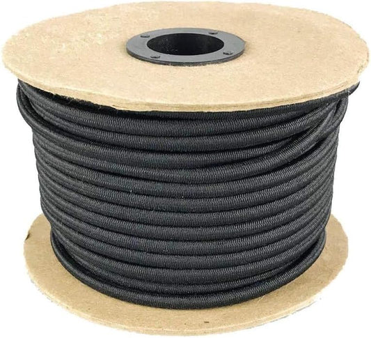 Elastic Bungee Cord. 3/16", 3/8", 1/4", 5/16", 1/8". 50 and 100 Foot Spools. Weather and Abrasion Resistant. Used for Tie Downs, Crafting, DIY Projects. Black Shock Cord. Made in The USA