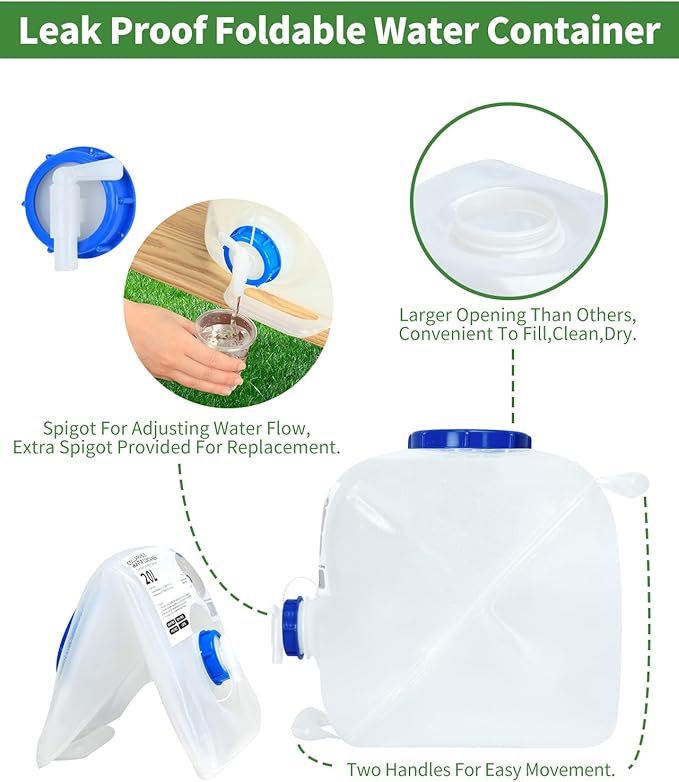2 Pack 5.3 Gallon Collapsible Water Container Camping Water Container with Spigot,Portable Collapsible Water Jug Water Storage Containers for Outdoors Traveling Emergency,1 Extra Spigot Provided