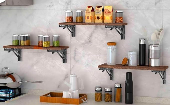 Storystore Folding Shelf Brackets - 12 Inch Heavy Duty Metal Collapsible Shelf Bracket for Bench Table, Shelf Hinge Wall Mounted Space Saving DIY Bracket, Max Load: 150 lb (4 PCS, Black)