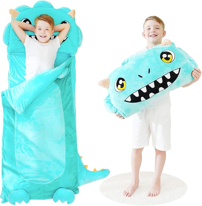 Kid Sleeping Bag with Pillow - Larger Toddler Nap Mat - Plush Slumber Bag for Boys Girls Daycare Preschool Kindergarten Birthday Gift Travel Sleepover Ages 3-12 Years