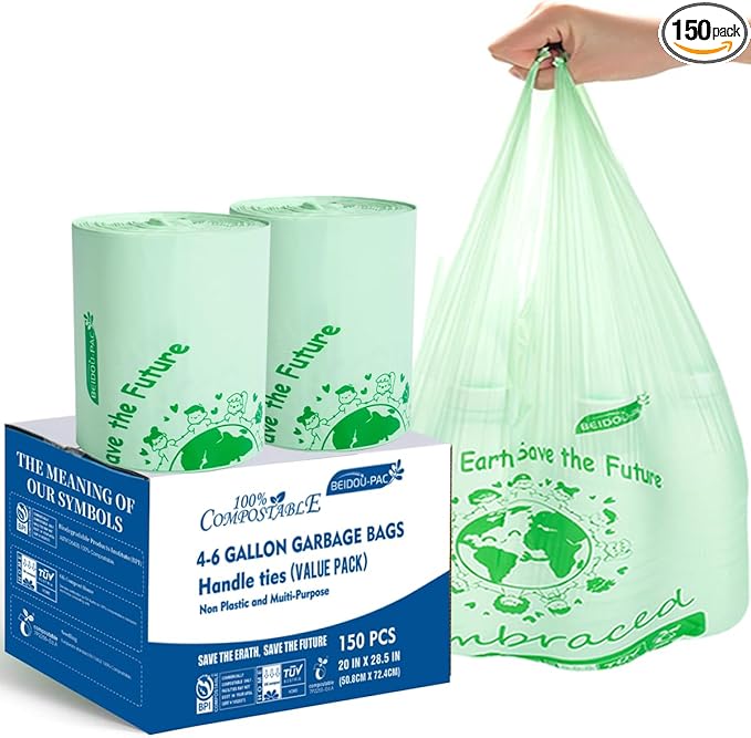 4-6 Gallon Compostable Trash Bags, 150 Count - Kitchen Trash Bags with Handle, Sturdy Biodegradable Garbage Bags for Food Scrap Waste, ASTM D6400, US BPI Certified