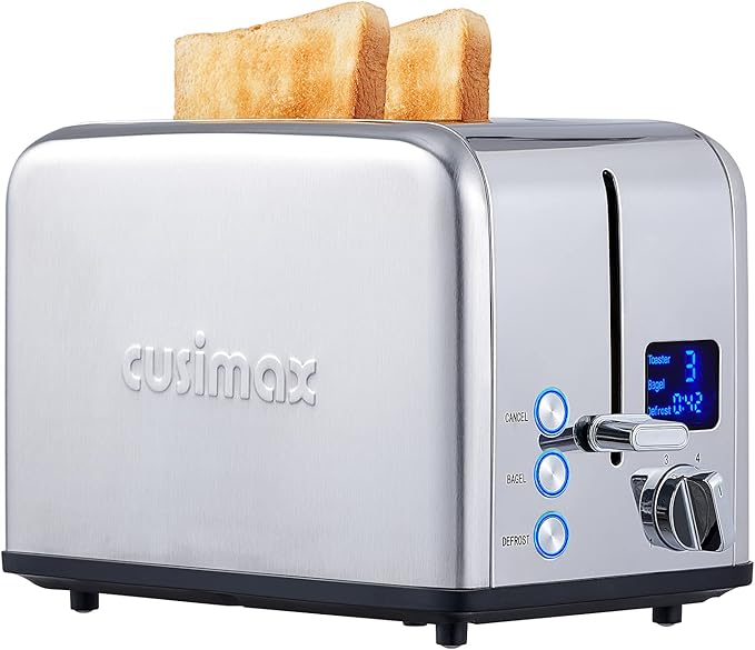 CUSIMAX Stainless Steel 2 Slice Toaster with LED Display, Extra-wide Slots, 6 Browning Settings, Cancel/Bagel/Defrost, Removable Crumb Tray, Silver