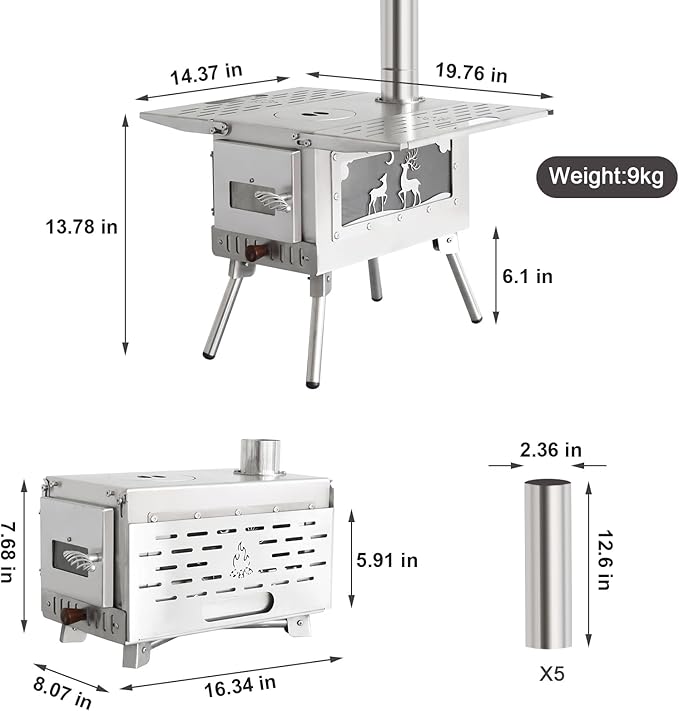 Outdoor Camping Tent Stove Portable Camping Stove Stainless Steel Stove With Chimney Pipe for Outdoor Cooking Camping BBQ Accessories