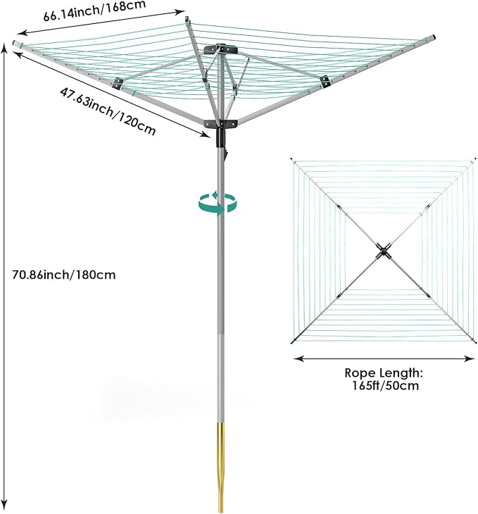 tonchean Rotary Umbrella Drying Rack Outdoors, 4-arm Umbrella Clothesline for Laundry, Adjustable Height Rotary Dryer Collapsible Clothes Drying Rack | 12-Lines with 165 ft. Clothesline