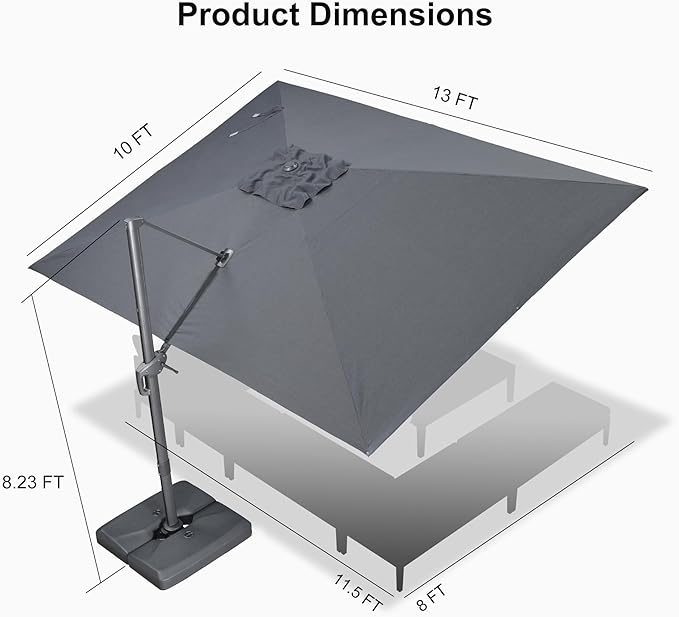 PURPLE LEAF 10' X 13' Rectangle Patio Umbrella Outdoor Large Aluminum Cantilever Umbrella with 3-Year Fade Resistance Recycled Fabric and 360-degree Rotation for Deck Pool Garden, Mist Grey