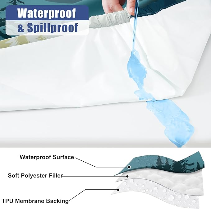 Smiry Picnic Table Cover with Bench Covers, Waterproof Elastic Fitted Tablecloth for 8 Foot Tables, Washable Polyester Tablecloths for Camping, Indoor & Outdoor (Green Blue, 30x96 Inch 3-pc Set)