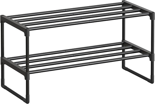 SONGMICS Shoe Rack, 2-Tier Shoe Organizer, Metal Storage Shelf, Upright or Upside Down, for 6-9 Pairs, Stackable, for Entryway, 11.8 x 26.8 x 13.2 Inches, Black ULSA202B01