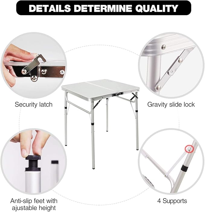 REDCAMP Small Square Folding Table 2 Feet, Portable Aluminum Camping Table Adjustable Height Lightweight for Picnic Beach Outdoor Indoor, White 24 x 24 inch