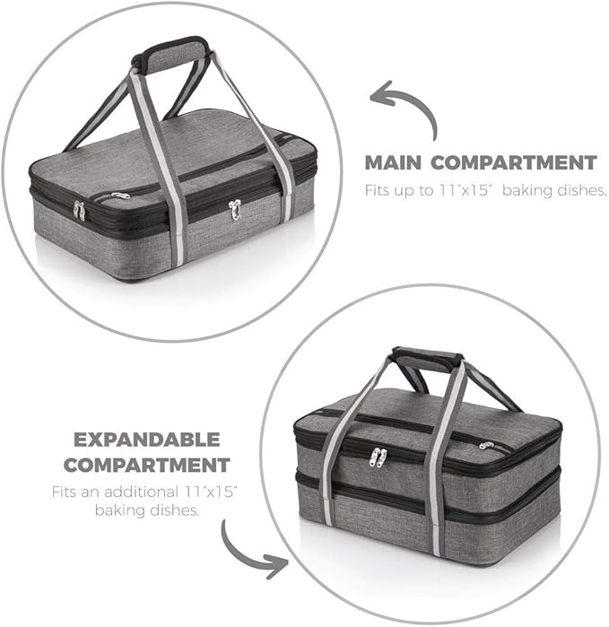 Stack Store Plus More Insulated Expandable Casserole Carrier with Baking Dish and Lid - Lasagna Holder for Picnic Potluck Beach Day Trip Camping Hiking - Hot and Cold Thermal Bag in Gray