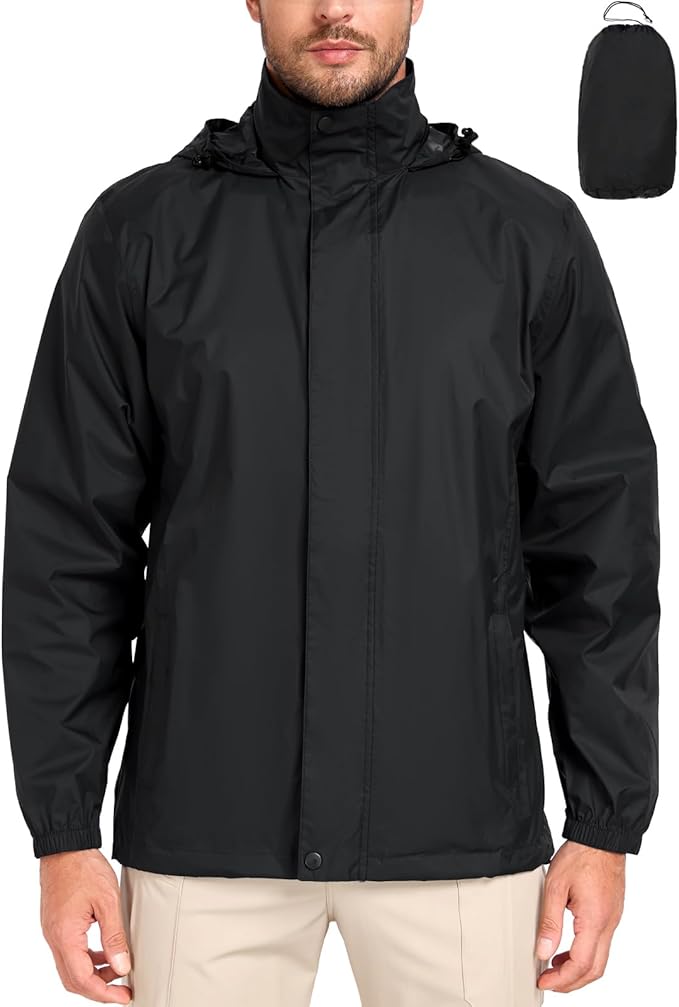 MANSDOUR Men's Packable Rain Jacket Waterproof Lightweight Windbreaker Cycling Golf Hiking Reflective Raincoat with Hood