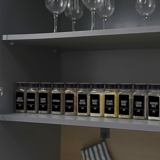 Churboro 36 Spice Jars with 547 Labels- Glass Spice Jars with Black Metal Caps, 4oz Empty Spice Containers with Shaker Lids, Funnel, Chalk Pen, Square Seasoning Bottles for Spice Rack, Drawer, Cabinet