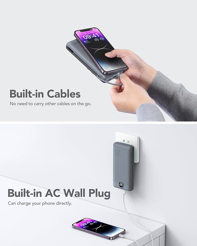 Portable Charger Power Bank 20000mAh,VRURC 22.5W Fast Charging Power Bank With Cables, 20K USB C Portable Charger With Wall Plug, Phone Battery With Cords For iPhone, Samsung, Android Phones, etc-Grey