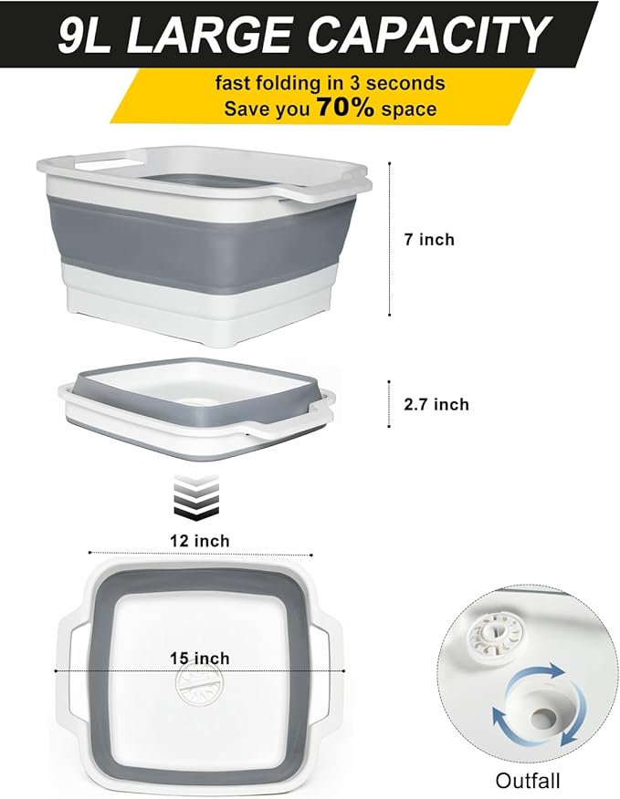 Collapsible Wash Basin with Drain Plug 9L (2.4Gal), Dishpan for Washing Dishes Basin,Collapsible Dish Tub Portable Sink for Kitchen Sink, Camping RV Washing Tub(Gray)