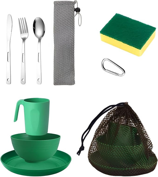 Scout Camping Mess Kit for 1 Person - Camping Utensils Set with Bowl Plate Cup Fork Spoon and Knife, Scout Dishes Set with Mesh Bag for Backpacking, Outdoor Camping Hiking and Picnic