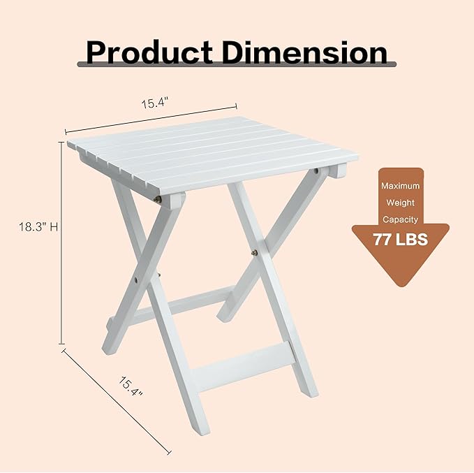 Outdoor Patio Side Table Set of 2 Small Wood End Square Table Folding Coffee Furniture for Living Room, Bedroom, Plant Stand, Camping Portable White