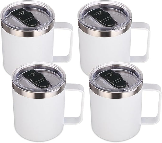 Volhoply 14oz Insulated Stainless Steel Coffee Mug with Lid Bulk 4 Pack,Not Suitable for Sublimation,Double Wall Vacuum Travel Coffee Cup with Handle, Reusable Metal Camping Mugs Keep Cold(White,4)