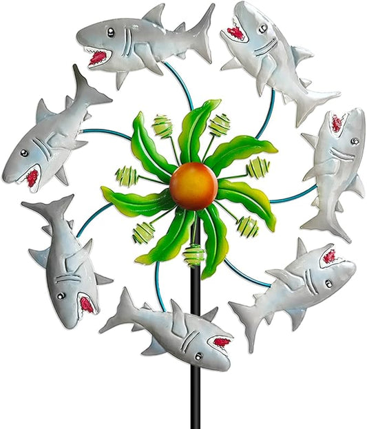 Shark Outdoor Wind Spinners - 39" Ocean-Themed Metal Wind Sculptures Garden Stake Art, 13.5” Windmill Yard Kinetic, Outdoor Decor for Patio & Lawn - Metal Beach Sculpture with Shark Design