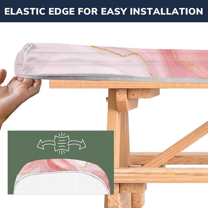 CAPSCEOLL Elastic Picnic Table Cover with Bench Covers 5Ft Waterproof Fitted Picnic Table Cover Cloths for Outdoors Camping Tablecloth with Drawstring Bag, 60X30in, Pink Marble