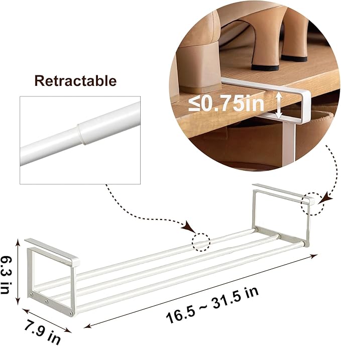 Expandable Shoe Rack Organizer - Adjustable Shoe Rack & Under Cabinet Shelf - for Shoe or Clothing Storage and Organization, Under Shelf Storage (White,1 Pcs)