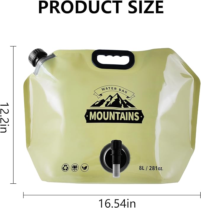 Collapsible 8L Water Storage Bag, BPA-Free Portable Folding Water Jug with Adjustable Faucet, Leakproof Emergency Water Bag for Camping, Hiking, Riding, Outdoor Sport (BEIGE&GREEN, 4)