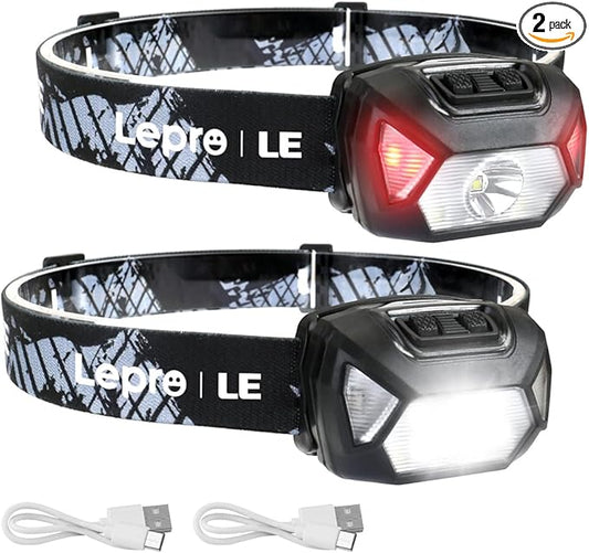 LE Headlamp Rechargeable, LED Head Lamp with 6 Modes for Camping & Hiking Gear Essentials, IPX4 Waterproof High Lumen Bright Headlight Flashlights with Adjustable Headband, USB Cable Include