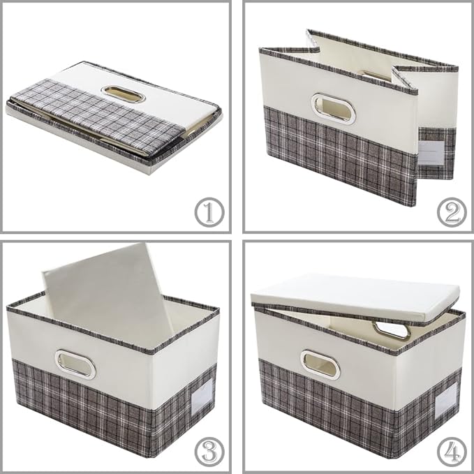 PRANDOM Collapsible Storage Bin with Lid [3-Pack] Fabric Foldable Storage Box Organizer Container Basket Cube with Cover for Home Bedroom Closet Office Nursery Gray plaid & Cream(14.9x9.8x9.8)
