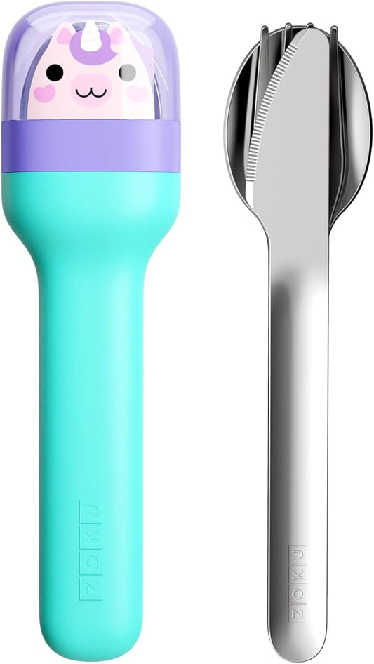ZOKU Kids Pocket Utensil Set, Unicorn - Stainless Steel Fork, Knife, and Spoon in Case - Portable Design for Travel, School, Picnics, Camping and Outdoor Home Use