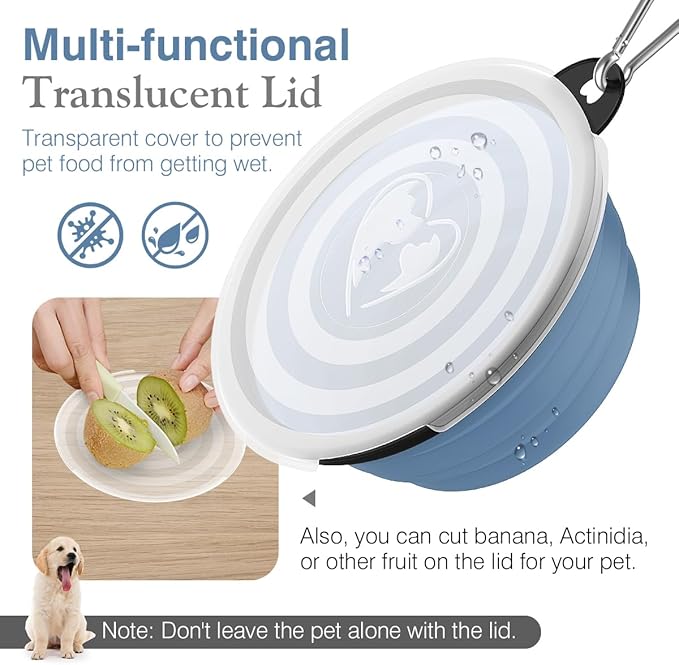 Pawaboo Collapsible Dog Bowls 2 Pack, Silicone Feeding Watering Bowls with Lids & Carabiners for Dogs Cats, Portable Water Feeder Food Bowl for Walking Traveling Home Use, Blue + Grey