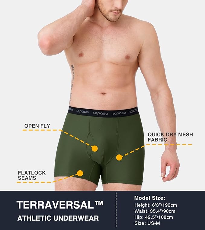 LAPASA Men's Quick Dry Travel Underwear, Terraversal Series Mesh Breathable Trunks/Boxer Briefs/Boxers (2 & 3 Packs)