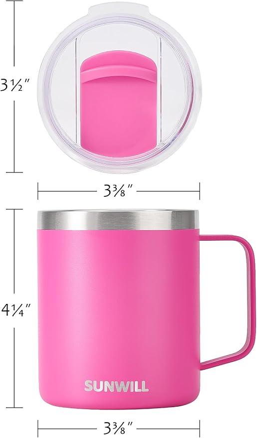 SUNWILL Insulated Coffee Mug with Lid, Travel Tumbler with Handle, 14 oz Stainless Steel Cup for Home, Office, Camping, Powder Coated Magenta