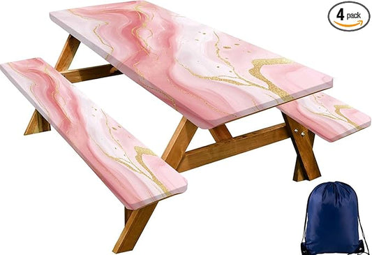 CAPSCEOLL Fitted Picnic Table Cover with Bench Covers with Elastic 8Ft Waterproof Picnic Table Cloths Windproof Outdoor Camping Tablecloth with Drawstring Bag, 96X30in, Pink Marble