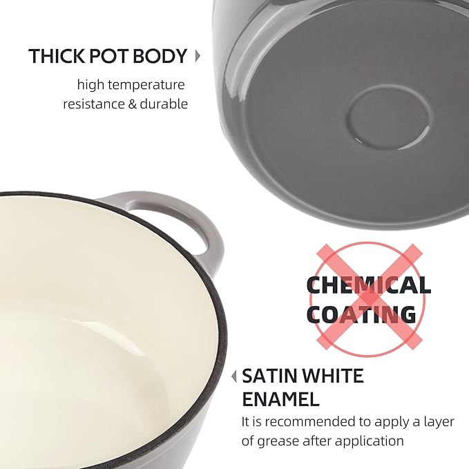 4.5 Quart Dutch Oven Enameled Cast Iron with Lid - Big Dual Handles - Oven Safe up to 500°F - Classic Round Pot for Versatile Cooking Light Gray