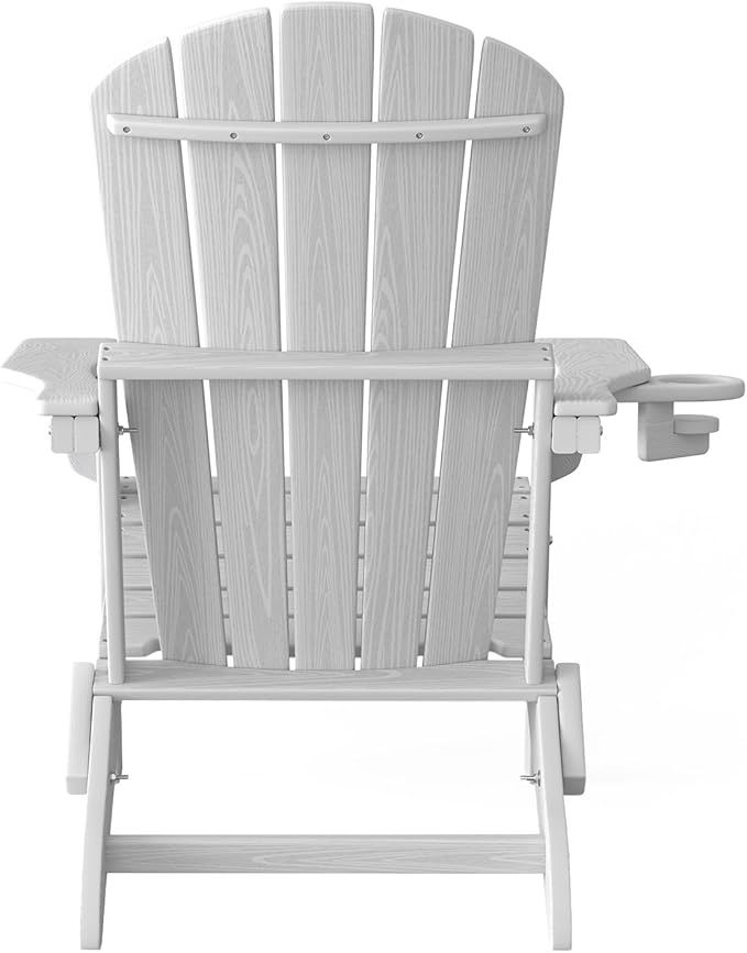 Folding Adirondack Chair, SGS Tested, Wooden Textured with Cup Holder, Heavy All-Weather HDPE Comfortable Set Poolside Backyard Lawn White Set 2