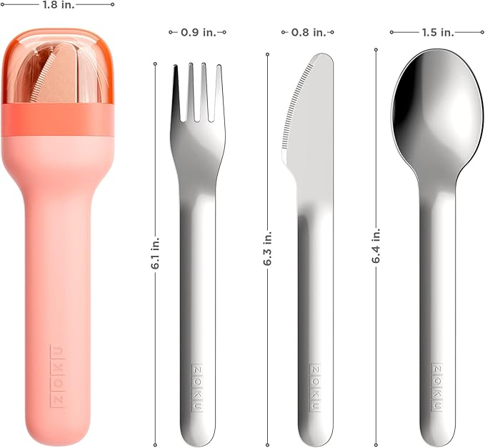 ZOKU Pocket Utensil Set, Peach - Stainless Steel Fork, Knife, and Spoon Nest in Case - Portable Design for Travel, School, Work, Picnics, Camping and Outdoor Home Use