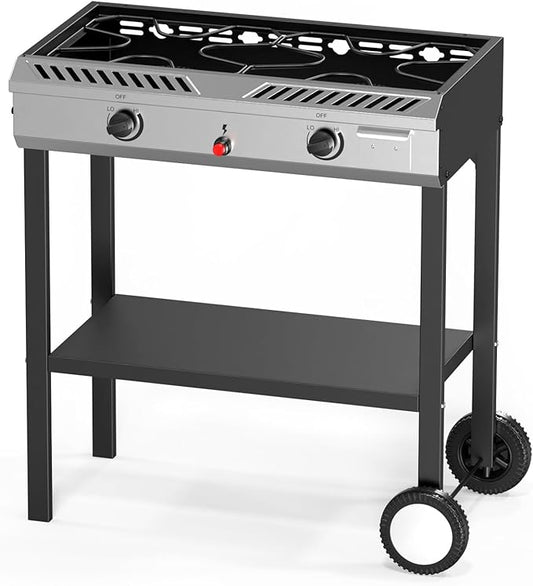 Bonnlo 2 Burner Propane Gas Stove with Auto Ignition, 150,000 BTU Portable Outdoor Camp Cooker Stove with Convenient Shelf & Smooth Rolling Wheels for Backyard, Camping, Tailgating, Patio Parties