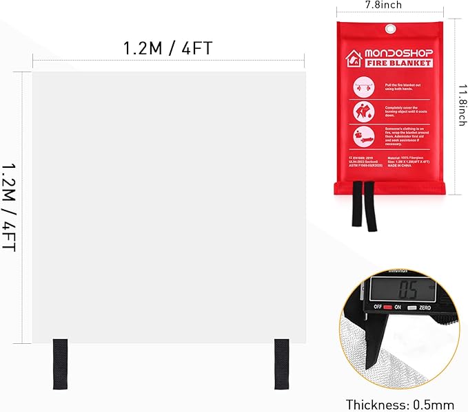 Mondoshop Fire Blanket Emergency for Home and Kitchen - 2pack 48"x48" Fire Blankets Fire Resistant Blanket for Camping, Grill, Car, Office, Warehouse, School, Picnic, Garages, Workshops
