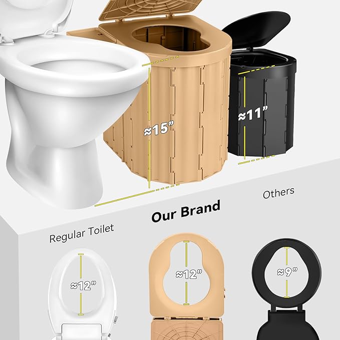 Portable Toilet, Upgraded 15'' Camping Toilet for Adults with Lid, Folding Toilet with Removable Paper Holder, Travel Portable Potty for Camping, Hiking, Roadtrip, Tent, Truck Drivers