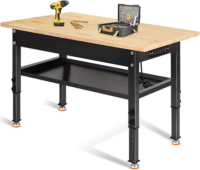 48"/60'' Adjustable Workbench, Rubber Wood Top Work Bench Heavy-Duty Work Table w/Power Outlet, Partition,2000 LBS Load Capacity Work Benches for Garage, Workshop, Home, Office, Easy Assembly
