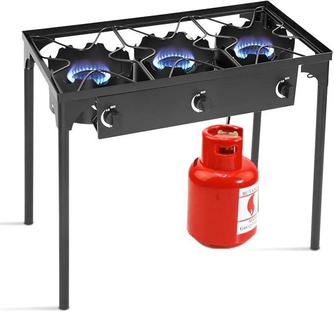 Happygrill Camping Stove Outdoor, High Pressure 3 Burner Propane Gas Camp Stove w/Detachable Legs, 225,000-BTU Output, 0-20 PSI Regulator, Portable Camping Burner Picnic Cookout