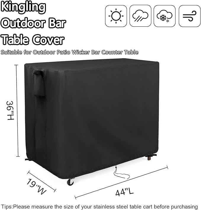 Kingling Outdoor Table Cover for Wicker Bar Cart, 44 Inch Waterproof Patio Bar Table Cover for Outdoor Beverage Serving Cart- 44''L x 19''W x 36''H(Black)